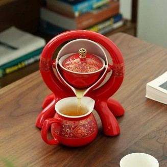 8 Pcs / Set Retro Ceramic Lazy Man Tea Set Portable Semi-automatic Tea Infuser Oolong Tea Cups Household Filters Porcelain Teaware-D