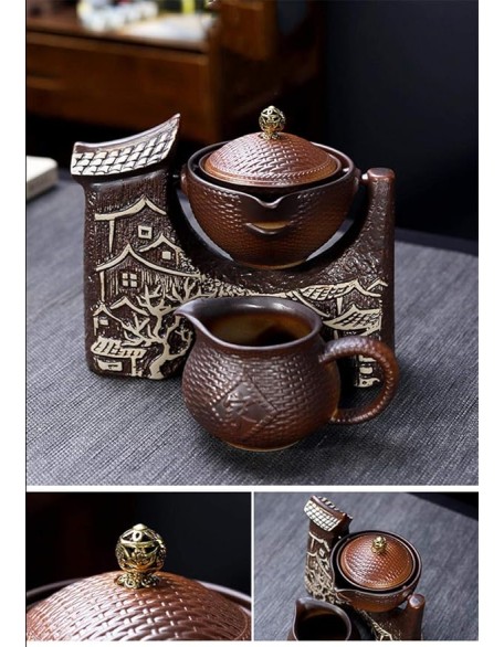 8 Pcs / Set Retro Ceramic Lazy Man Tea Set Portable Semi-automatic Tea Infuser Oolong Tea Cups Household Filters Porcelain Teaware-D