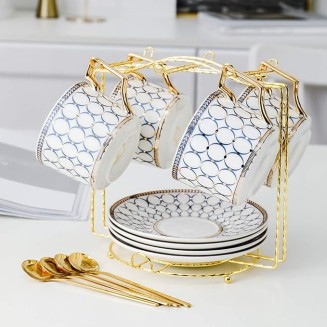 Ceramic Tea Set Pot Kettle Heat Resistant Infuser Coffee Cups Mugs Gold Handle