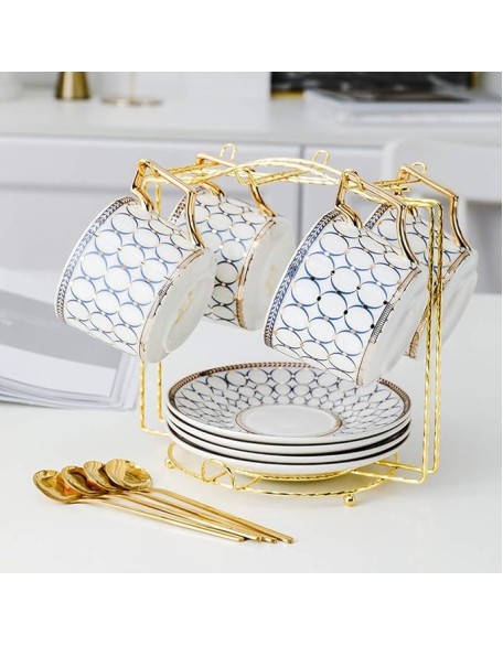 Ceramic Tea Set Pot Kettle Heat Resistant Infuser Coffee Cups Mugs Gold Handle