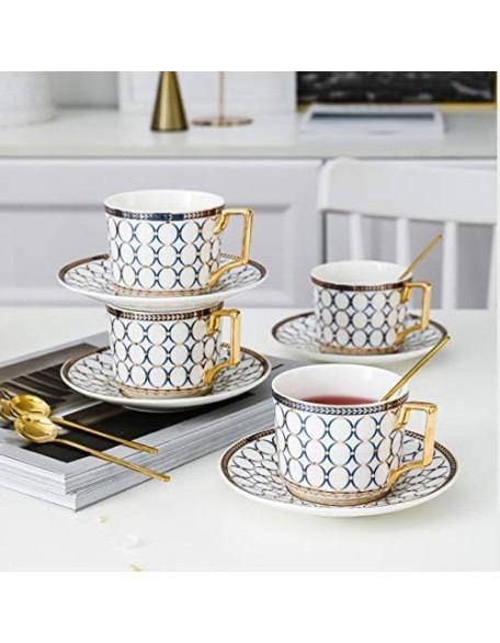 Ceramic Tea Set Pot Kettle Heat Resistant Infuser Coffee Cups Mugs Gold Handle