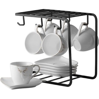 Coffee Cup Porcelain Espresso Cups with Saucers and Spoons 5.1 Oz Coffee Cup and Saucer Set Gold Rim Decoration and Black Metal Bracket Tea Set Set of 6 Coffee Mugs (Color : Gray) (White)