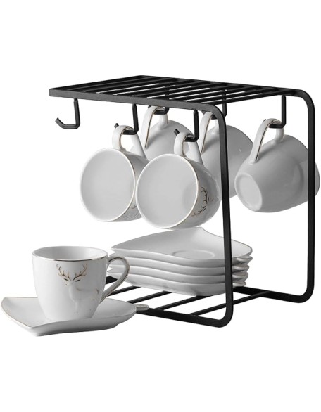 Coffee Cup Porcelain Espresso Cups with Saucers and Spoons 5.1 Oz Coffee Cup and Saucer Set Gold Rim Decoration and Black Metal Bracket Tea Set Set of 6 Coffee Mugs (Color : Gray) (White)