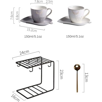 Coffee Cup Porcelain Espresso Cups with Saucers and Spoons 5.1 Oz Coffee Cup and Saucer Set Gold Rim Decoration and Black Metal Bracket Tea Set Set of 6 Coffee Mugs (Color : Gray) (White)
