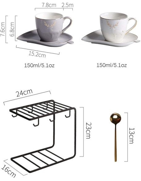 Coffee Cup Porcelain Espresso Cups with Saucers and Spoons 5.1 Oz Coffee Cup and Saucer Set Gold Rim Decoration and Black Metal Bracket Tea Set Set of 6 Coffee Mugs (Color : Gray) (White)