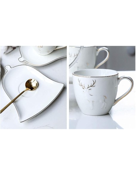 Coffee Cup Porcelain Espresso Cups with Saucers and Spoons 5.1 Oz Coffee Cup and Saucer Set Gold Rim Decoration and Black Metal Bracket Tea Set Set of 6 Coffee Mugs (Color : Gray) (White)