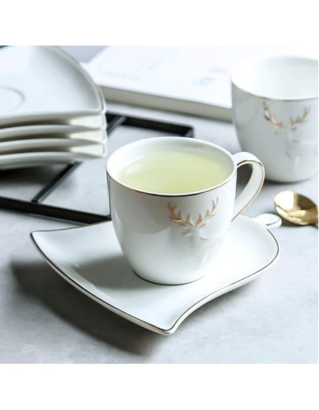 Coffee Cup Porcelain Espresso Cups with Saucers and Spoons 5.1 Oz Coffee Cup and Saucer Set Gold Rim Decoration and Black Metal Bracket Tea Set Set of 6 Coffee Mugs (Color : Gray) (White)