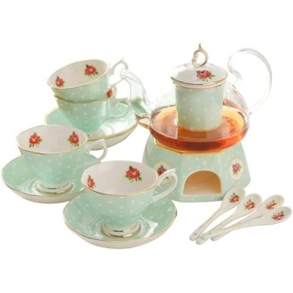 9 Piece Ceramics Tea Set American Pastoral Flower Coffee Set Afternoon Teacup and Saucer Set Gift Coffee Cup Tea Cups Coffee Cup Set Tea Pot Set (OneColor 9pcs)