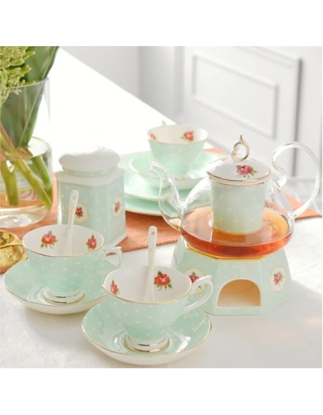 9 Piece Ceramics Tea Set American Pastoral Flower Coffee Set Afternoon Teacup and Saucer Set Gift Coffee Cup Tea Cups Coffee Cup Set Tea Pot Set (OneColor 9pcs)
