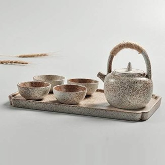 Portable Travel Ceramics Loop Handle Pot Teapot Teacup Set with Tea Tray (Black) (Color : Black), White