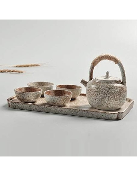Portable Travel Ceramics Loop Handle Pot Teapot Teacup Set with Tea Tray (Black) (Color : Black), White