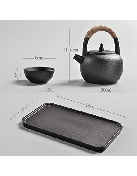Portable Travel Ceramics Loop Handle Pot Teapot Teacup Set with Tea Tray (Black) (Color : Black), White