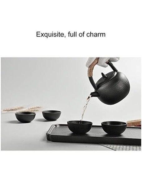 Portable Travel Ceramics Loop Handle Pot Teapot Teacup Set with Tea Tray (Black) (Color : Black), White