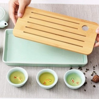 Kungfu Tea Set, Portable Travel Tea Set, Simple 8 Piece Tea Set Anaglyph Fish Cup Portable Travel Tea Maker Ceramic Teapot Teacup Wooden Tray Set for 4 Persons, Housewarming Feast Gift