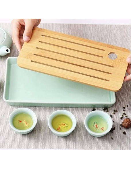 Kungfu Tea Set, Portable Travel Tea Set, Simple 8 Piece Tea Set Anaglyph Fish Cup Portable Travel Tea Maker Ceramic Teapot Teacup Wooden Tray Set for 4 Persons, Housewarming Feast Gift