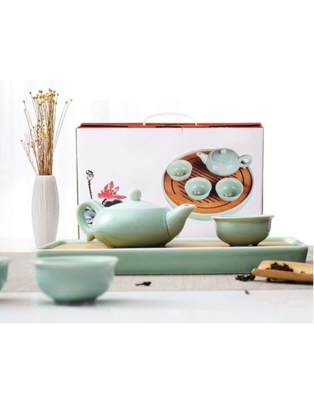 Kungfu Tea Set, Portable Travel Tea Set, Simple 8 Piece Tea Set Anaglyph Fish Cup Portable Travel Tea Maker Ceramic Teapot Teacup Wooden Tray Set for 4 Persons, Housewarming Feast Gift