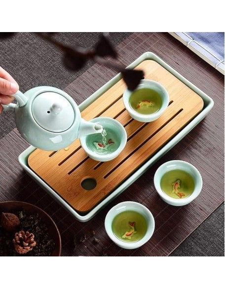 Kungfu Tea Set, Portable Travel Tea Set, Simple 8 Piece Tea Set Anaglyph Fish Cup Portable Travel Tea Maker Ceramic Teapot Teacup Wooden Tray Set for 4 Persons, Housewarming Feast Gift