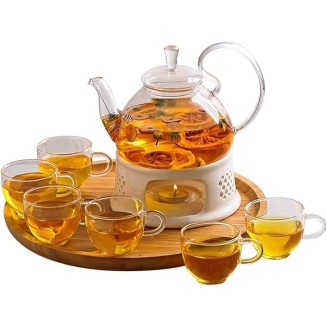 Tea Set Tea Cups Teapot Set 810ml Glass Tea Set with Wooden Round Tray Teapot Ceramic Base Warm Candle Holder Tea Pot Cup Fruit Juice Water Kettle Tea Cup Set Tea Pot Set Coffee Cup Set (A 8pcs)