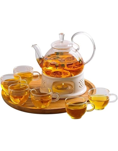 Tea Set Tea Cups Teapot Set 810ml Glass Tea Set with Wooden Round Tray Teapot Ceramic Base Warm Candle Holder Tea Pot Cup Fruit Juice Water Kettle Tea Cup Set Tea Pot Set Coffee Cup Set (A 8pcs)