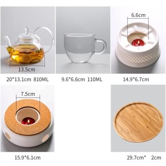 Tea Set Tea Cups Teapot Set 810ml Glass Tea Set with Wooden Round Tray Teapot Ceramic Base Warm Candle Holder Tea Pot Cup Fruit Juice Water Kettle Tea Cup Set Tea Pot Set Coffee Cup Set (A 8pcs)