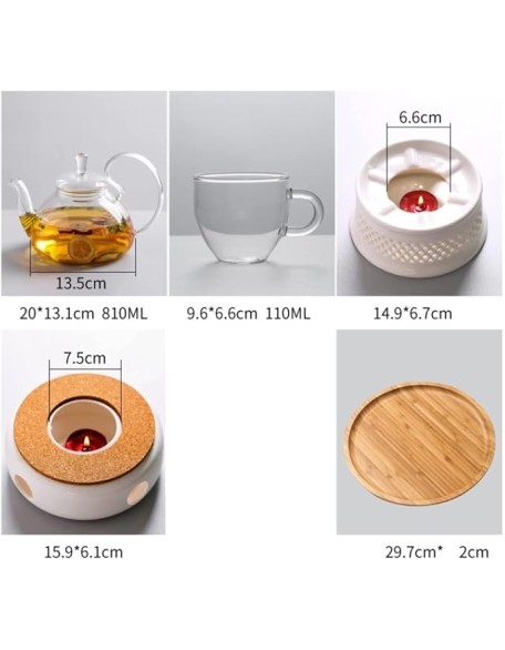Tea Set Tea Cups Teapot Set 810ml Glass Tea Set with Wooden Round Tray Teapot Ceramic Base Warm Candle Holder Tea Pot Cup Fruit Juice Water Kettle Tea Cup Set Tea Pot Set Coffee Cup Set (A 8pcs)