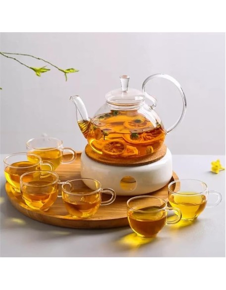 Tea Set Tea Cups Teapot Set 810ml Glass Tea Set with Wooden Round Tray Teapot Ceramic Base Warm Candle Holder Tea Pot Cup Fruit Juice Water Kettle Tea Cup Set Tea Pot Set Coffee Cup Set (A 8pcs)