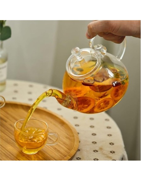 Tea Set Tea Cups Teapot Set 810ml Glass Tea Set with Wooden Round Tray Teapot Ceramic Base Warm Candle Holder Tea Pot Cup Fruit Juice Water Kettle Tea Cup Set Tea Pot Set Coffee Cup Set (A 8pcs)