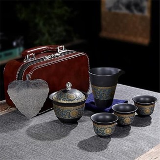 Tea Set Tea Sets Chinese Teaset Ceramic Portable Teacup Porcelain Service Gaiwan Tea Cups Mug of Tea Ceremony Teapot Tea Cup Set Tea Cups Tea Set Teaware Sets (Color : Plum, Te (Dark Gray Six)