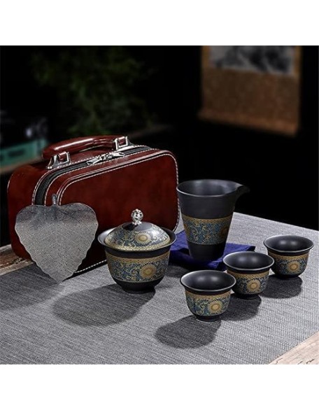 Tea Set Tea Sets Chinese Teaset Ceramic Portable Teacup Porcelain Service Gaiwan Tea Cups Mug of Tea Ceremony Teapot Tea Cup Set Tea Cups Tea Set Teaware Sets (Color : Plum, Te (Dark Gray Six)