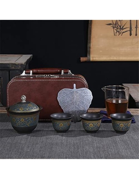 Tea Set Tea Sets Chinese Teaset Ceramic Portable Teacup Porcelain Service Gaiwan Tea Cups Mug of Tea Ceremony Teapot Tea Cup Set Tea Cups Tea Set Teaware Sets (Color : Plum, Te (Dark Gray Six)