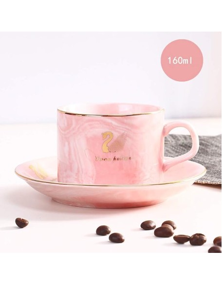 Porcelain Tea Coffee Cup and Saucer Set with Gold Edges,Embossed Tea Cup Set with Saucer and Spoon,Set of 4