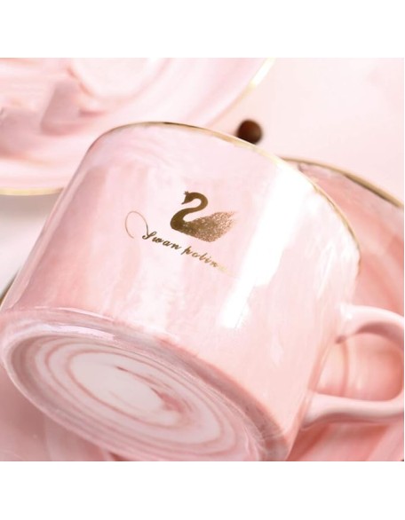 Porcelain Tea Coffee Cup and Saucer Set with Gold Edges,Embossed Tea Cup Set with Saucer and Spoon,Set of 4