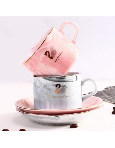 Porcelain Tea Coffee Cup and Saucer Set with Gold Edges,Embossed Tea Cup Set with Saucer and Spoon,Set of 4