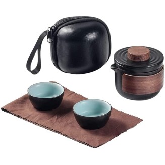 Travel Ceramic Tea Pot Set Portable Ceramic Travel Tea Set Teapot 1 Pot 2 Cups Porcelain Teacups with Tea Infuser Portable Bag Black (Color : Black)