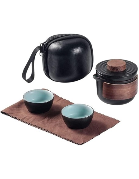 Travel Ceramic Tea Pot Set Portable Ceramic Travel Tea Set Teapot 1 Pot 2 Cups Porcelain Teacups with Tea Infuser Portable Bag Black (Color : Black)