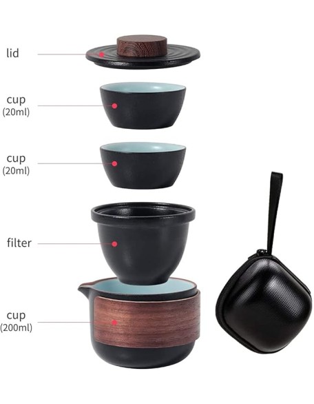 Travel Ceramic Tea Pot Set Portable Ceramic Travel Tea Set Teapot 1 Pot 2 Cups Porcelain Teacups with Tea Infuser Portable Bag Black (Color : Black)