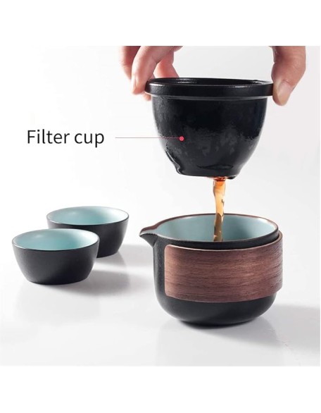 Travel Ceramic Tea Pot Set Portable Ceramic Travel Tea Set Teapot 1 Pot 2 Cups Porcelain Teacups with Tea Infuser Portable Bag Black (Color : Black)