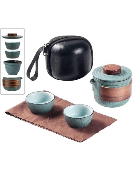 Travel Ceramic Tea Pot Set Portable Ceramic Travel Tea Set Teapot 1 Pot 2 Cups Porcelain Teacups with Tea Infuser Portable Bag Black (Color : Black)