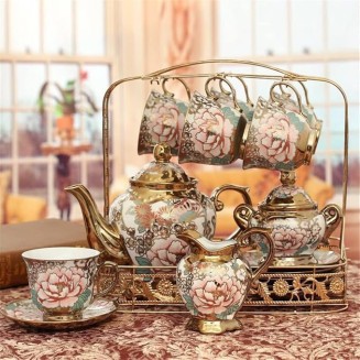 Exquisite Cup Phnom Penh Floral Teapot Set Vintage Cup Gold Coffee Set and Saucer Teapot Set/Green/As Shows (Green As Shows)