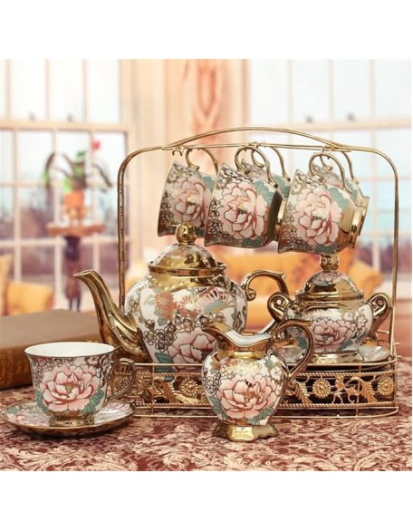 Exquisite Cup Phnom Penh Floral Teapot Set Vintage Cup Gold Coffee Set and Saucer Teapot Set/Green/As Shows (Green As Shows)