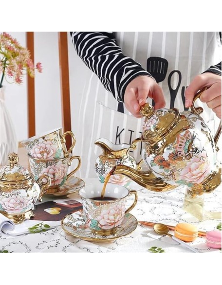 Exquisite Cup Phnom Penh Floral Teapot Set Vintage Cup Gold Coffee Set and Saucer Teapot Set/Green/As Shows (Green As Shows)