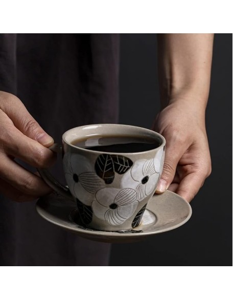 Drinking Cup Handmade Coffee Cup with Saucer Set Latte Latte Coffee Cup Retro Afternoon Tea Cup Office Mug Water Cup Coffee Mug (Grey) (Gold)