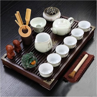 Kungfu Tea Set with Tray, CeramicTea Cup Set with Wooden Tea Tray, Tea Table Serving, Chinese Tea Set, for Home and Office Use (G)