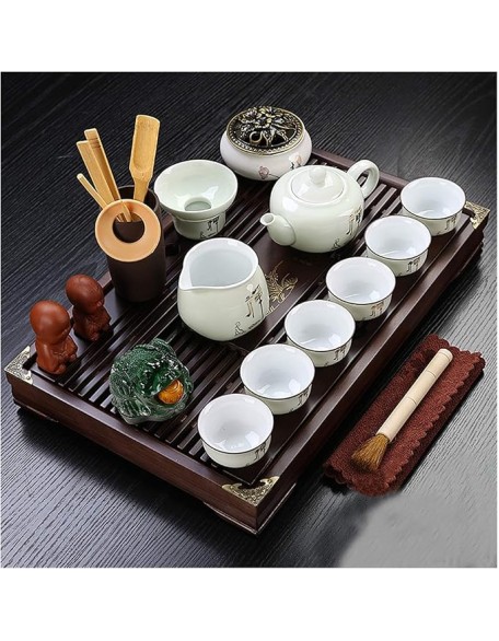 Kungfu Tea Set with Tray, CeramicTea Cup Set with Wooden Tea Tray, Tea Table Serving, Chinese Tea Set, for Home and Office Use (G)