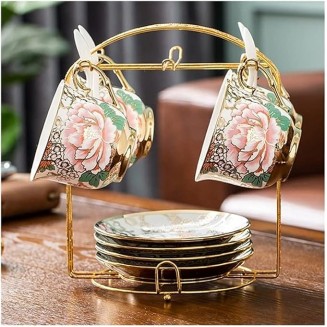 Tea Cup Set Porcelain Tea Cup Set Bone China Cofeee Cups Set with Saucers Spoon and Metal Stand Cappuccino Cups (A 6 pcs) (Gold 4 pcs)