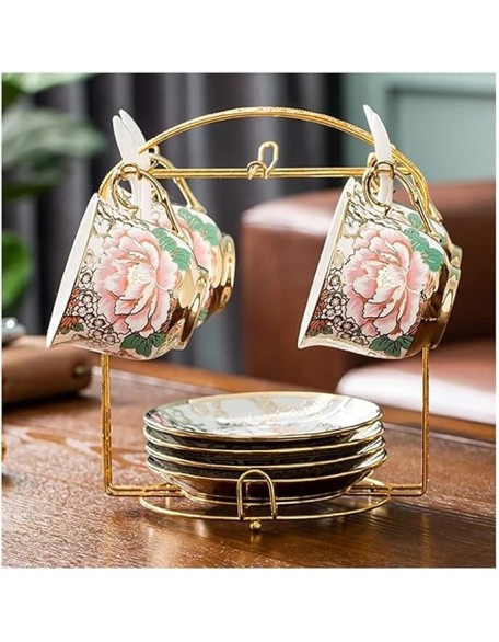 Tea Cup Set Porcelain Tea Cup Set Bone China Cofeee Cups Set with Saucers Spoon and Metal Stand Cappuccino Cups (A 6 pcs) (Gold 4 pcs)
