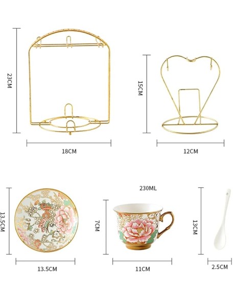 Tea Cup Set Porcelain Tea Cup Set Bone China Cofeee Cups Set with Saucers Spoon and Metal Stand Cappuccino Cups (A 6 pcs) (Gold 4 pcs)