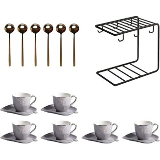 Coffee Mugs, Porcelain Espresso Cups with Saucers and Spoons 5.1 Oz Coffee Cup and Saucer Set Gold Rim Decoration and Black Metal Bracket Tea Set,Set of 6 Tea Cup for Office and Ho