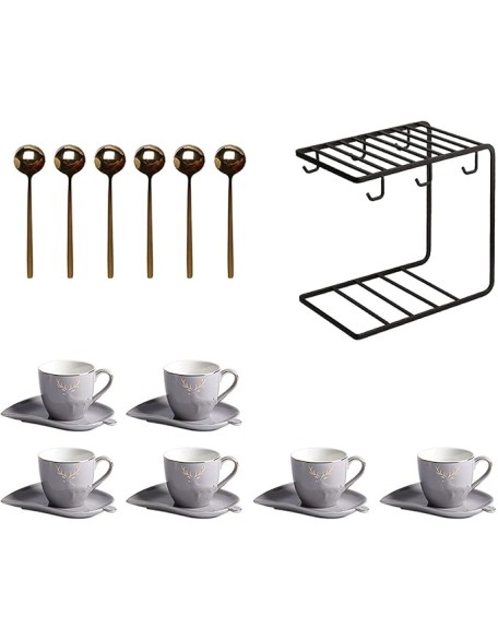 Coffee Mugs, Porcelain Espresso Cups with Saucers and Spoons 5.1 Oz Coffee Cup and Saucer Set Gold Rim Decoration and Black Metal Bracket Tea Set,Set of 6 Tea Cup for Office and Ho