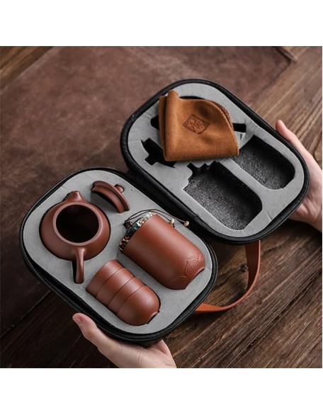 Purple Sand Tea Cups Ceramic Portable Teapot Set Outdoor Travel Gaiwan Ceremony (As Shown One Size)